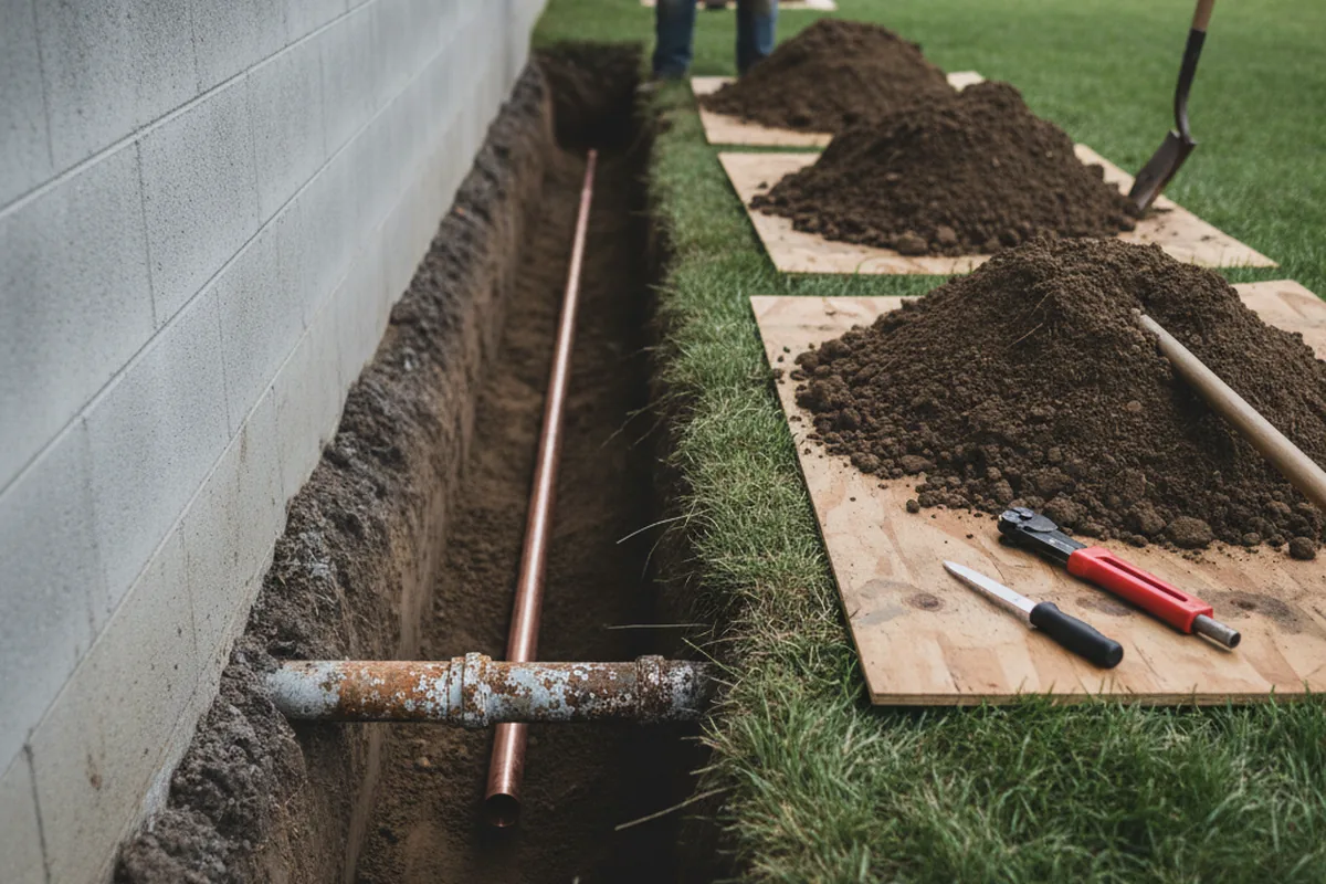 Excavated water line trench during Water Heater Repair in Union Bridge
